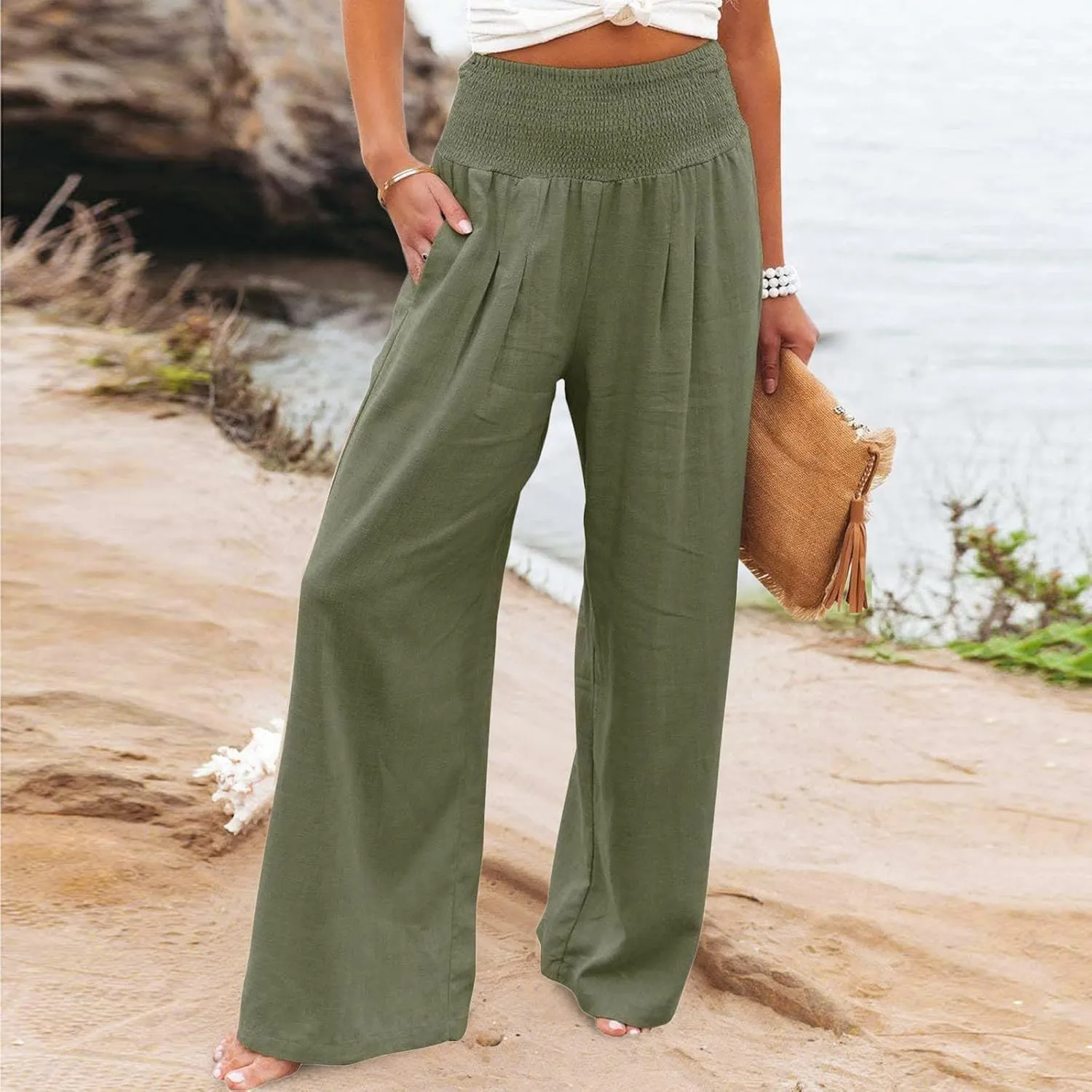 LRMQS Linen Wide Leg Pants Women Summer Casual Drawstring Elastic High Waist Trousers Resort Wear Beach Trendy Palazzo Pant