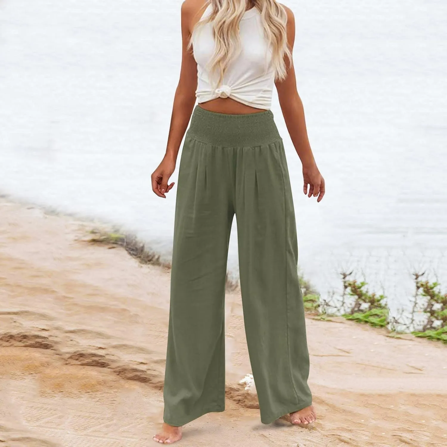 LRMQS Linen Wide Leg Pants Women Summer Casual Drawstring Elastic High Waist Trousers Resort Wear Beach Trendy Palazzo Pant