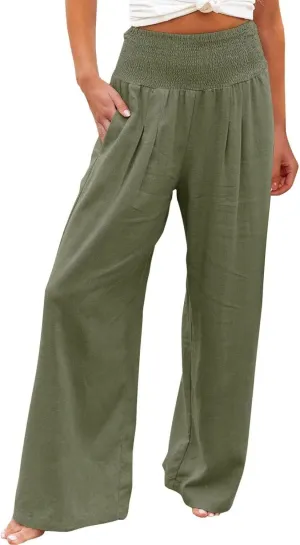 LRMQS Linen Wide Leg Pants Women Summer Casual Drawstring Elastic High Waist Trousers Resort Wear Beach Trendy Palazzo Pant