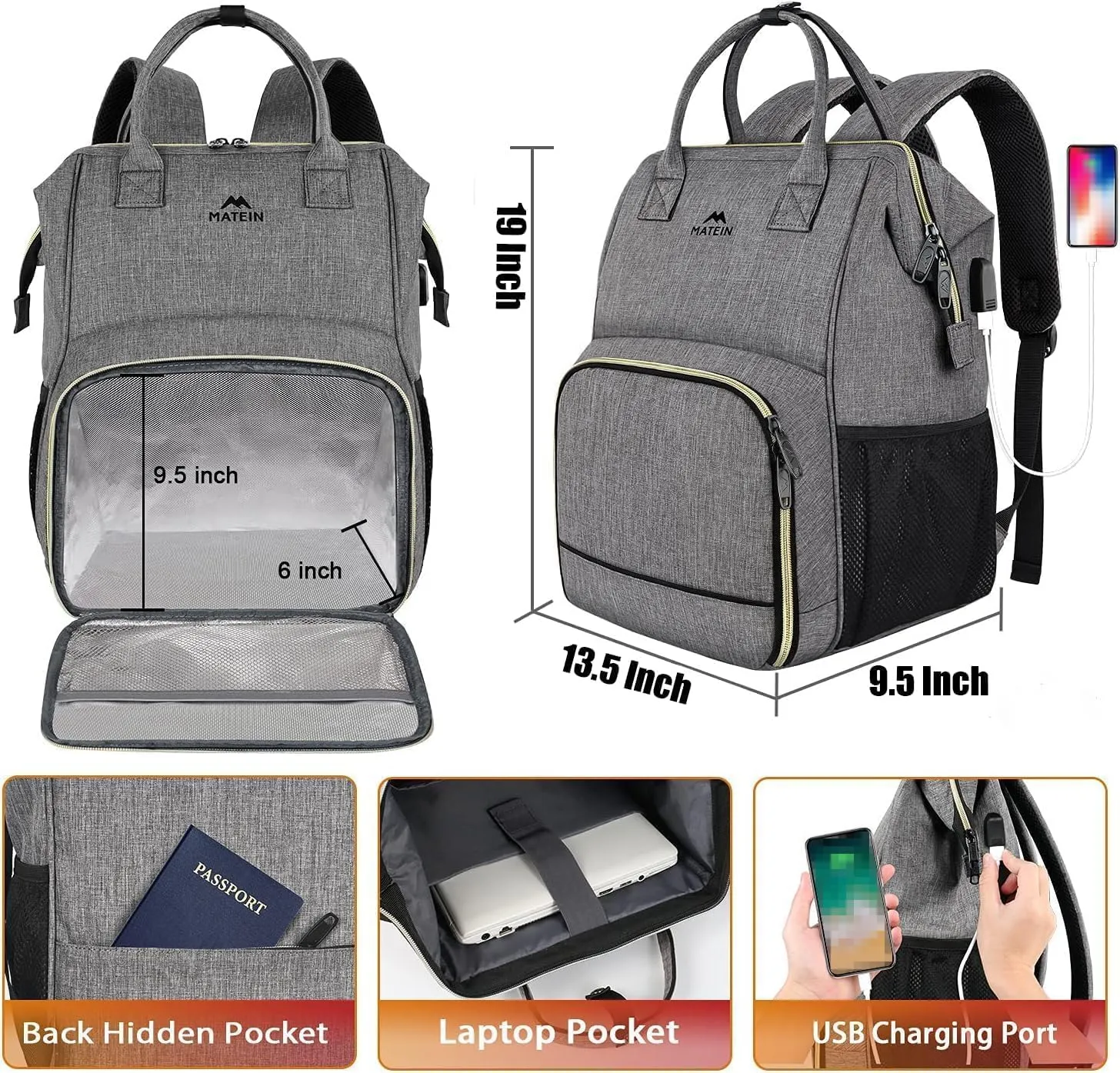 MATEIN Lunch Backpack for Men Women, 17 Inch Large Insulated Cooler Backpack with USB Charging Port, Water Resistant Lunch Box Back Pack Travel Laptop for Men Work Picnic College Nurse, Grey