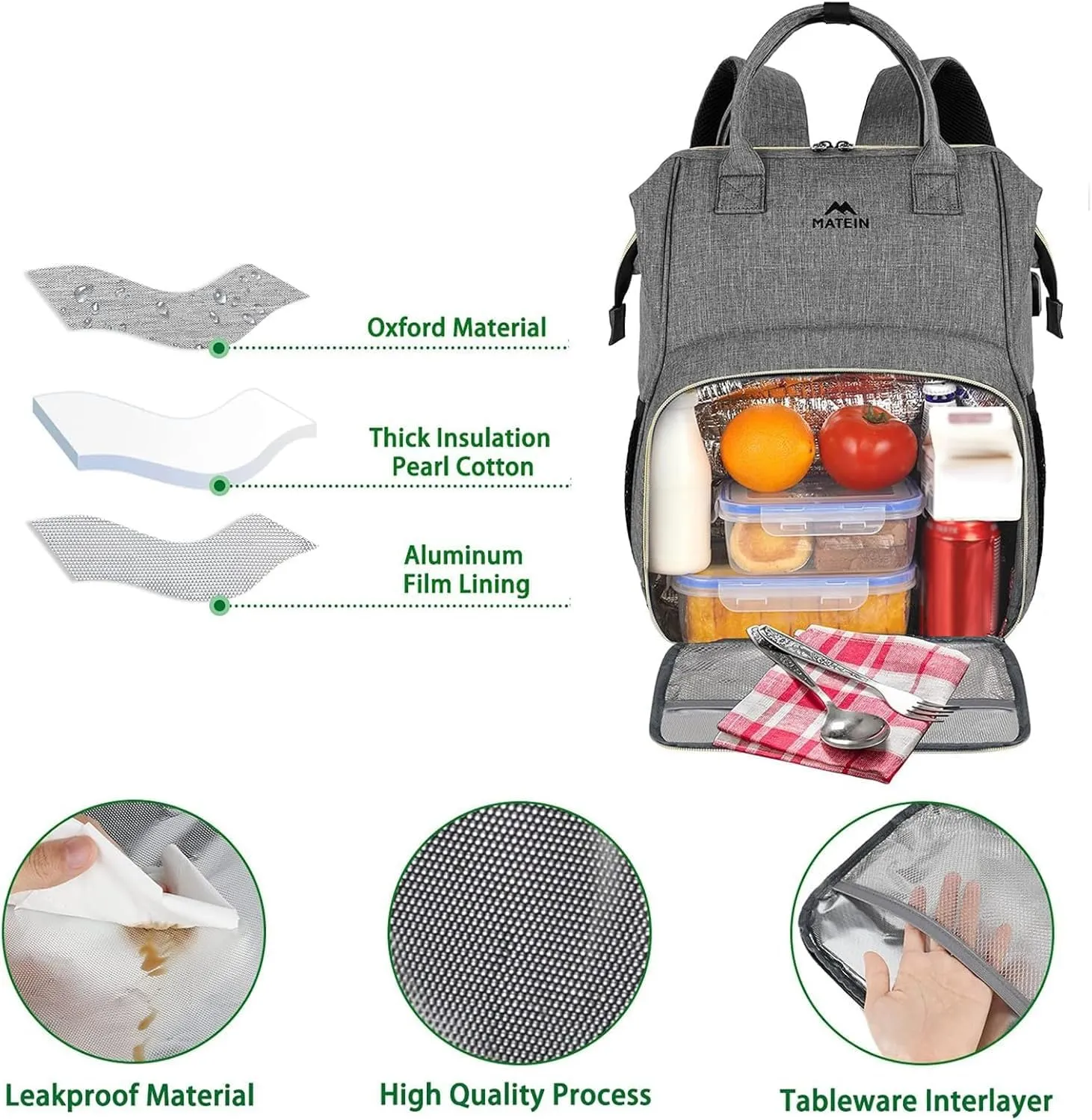 MATEIN Lunch Backpack for Men Women, 17 Inch Large Insulated Cooler Backpack with USB Charging Port, Water Resistant Lunch Box Back Pack Travel Laptop for Men Work Picnic College Nurse, Grey