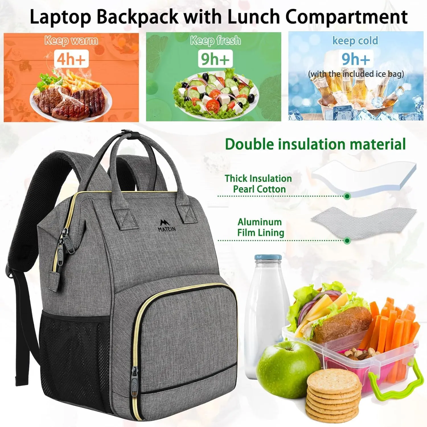 MATEIN Lunch Backpack for Men Women, 17 Inch Large Insulated Cooler Backpack with USB Charging Port, Water Resistant Lunch Box Back Pack Travel Laptop for Men Work Picnic College Nurse, Grey