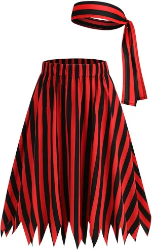 Maxi Skirts for Women 2025 Tight Red Black Striped A-Line Pleated Mid Length Skirts with Head Scarf Streetwear
