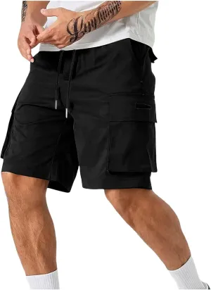 Men Cargo Shorts Relaxed Fit Stretch Straight Leg Athletic Shorts Drawstring Casual Elastic Waist Beach Hiking Camping Pants