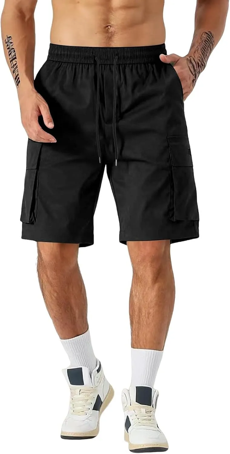 Men Cargo Shorts Relaxed Fit Stretch Straight Leg Athletic Shorts Drawstring Casual Elastic Waist Beach Hiking Camping Pants
