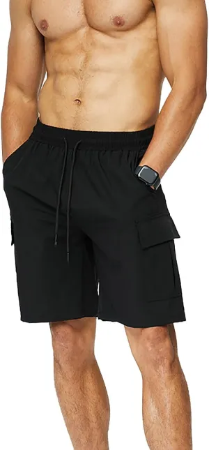 Men Cargo Shorts Relaxed Fit Stretch Straight Leg Athletic Shorts Drawstring Casual Elastic Waist Beach Hiking Camping Pants