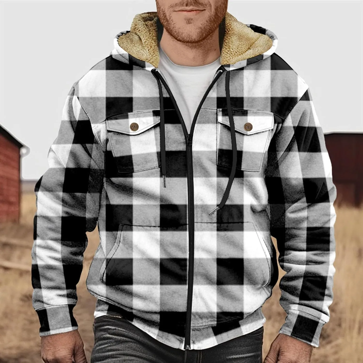 Men Coats Winter Long Sleeve Zipper Hoodies Sherpa Fleece Lined Vintage Print Jackets Fall Winter Coats