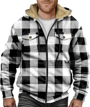 Men Coats Winter Long Sleeve Zipper Hoodies Sherpa Fleece Lined Vintage Print Jackets Fall Winter Coats