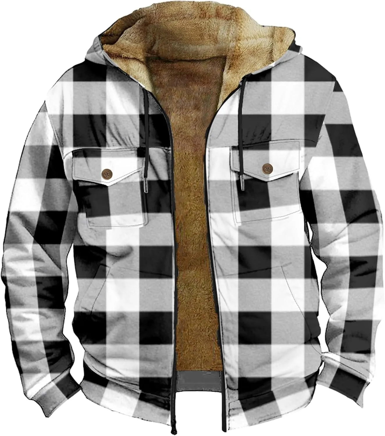 Men Coats Winter Long Sleeve Zipper Hoodies Sherpa Fleece Lined Vintage Print Jackets Fall Winter Coats