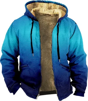 Men Coats Winter Sherpa Fleece Lined Long Sleeve Jackets Vintage Print Zipper Coats Comfy Dressy Hoodies
