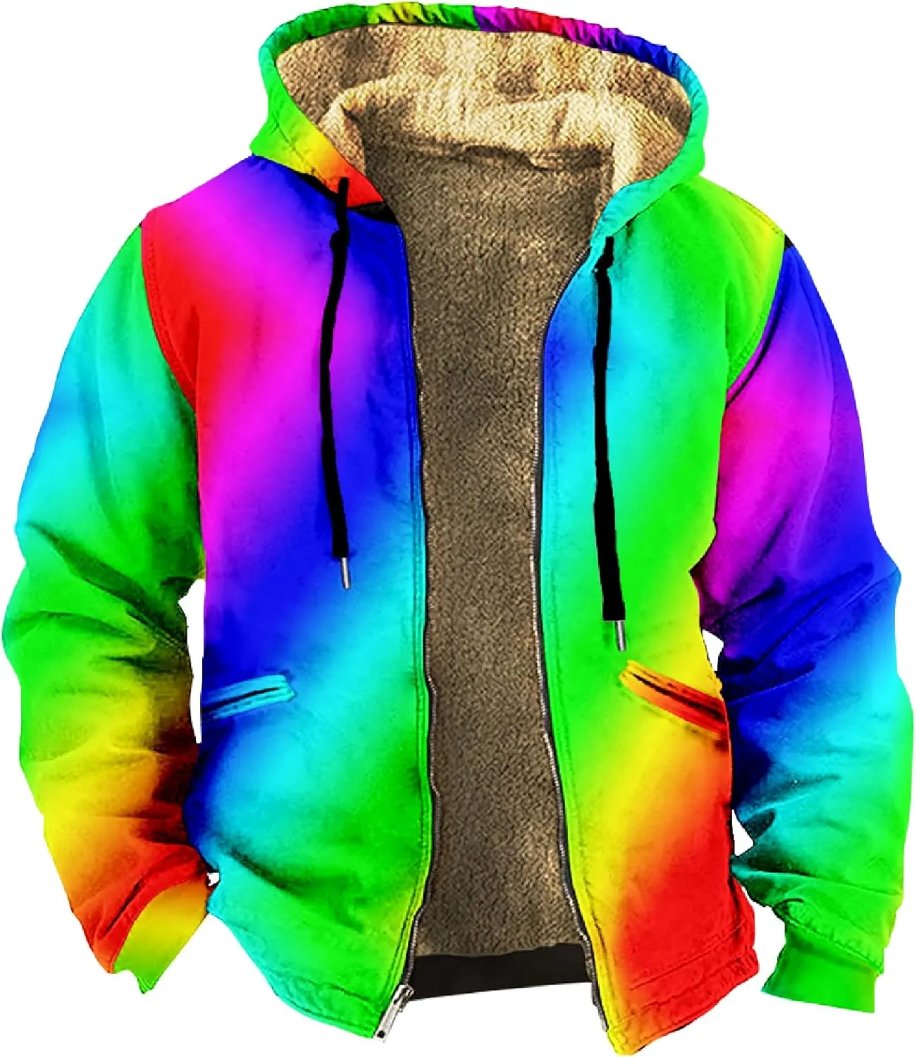 Men Coats Winter Sherpa Fleece Lined Long Sleeve Jackets Vintage Print Zipper Coats Comfy Dressy Hoodies
