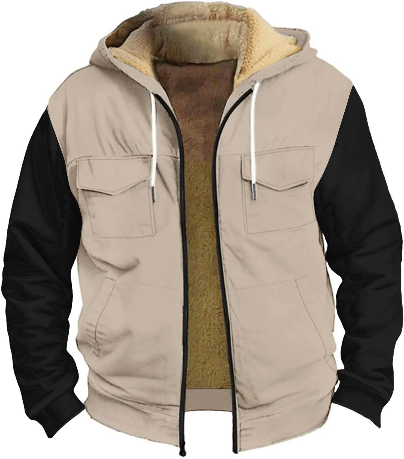 Men Coats Winter Sherpa Fleece Lined Long Sleeve Jackets Vintage Print Zipper Coats Comfy Dressy Hoodies