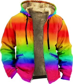 Men Coats Winter Sherpa Fleece Lined Long Sleeve Jackets Vintage Print Zipper Coats Comfy Dressy Hoodies