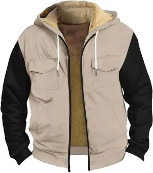 Men Coats Winter Sherpa Fleece Lined Long Sleeve Jackets Vintage Print Zipper Coats Comfy Dressy Hoodies