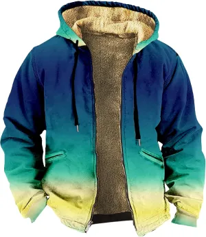 Men Coats Winter Sherpa Fleece Lined Long Sleeve Jackets Vintage Print Zipper Coats Comfy Dressy Hoodies