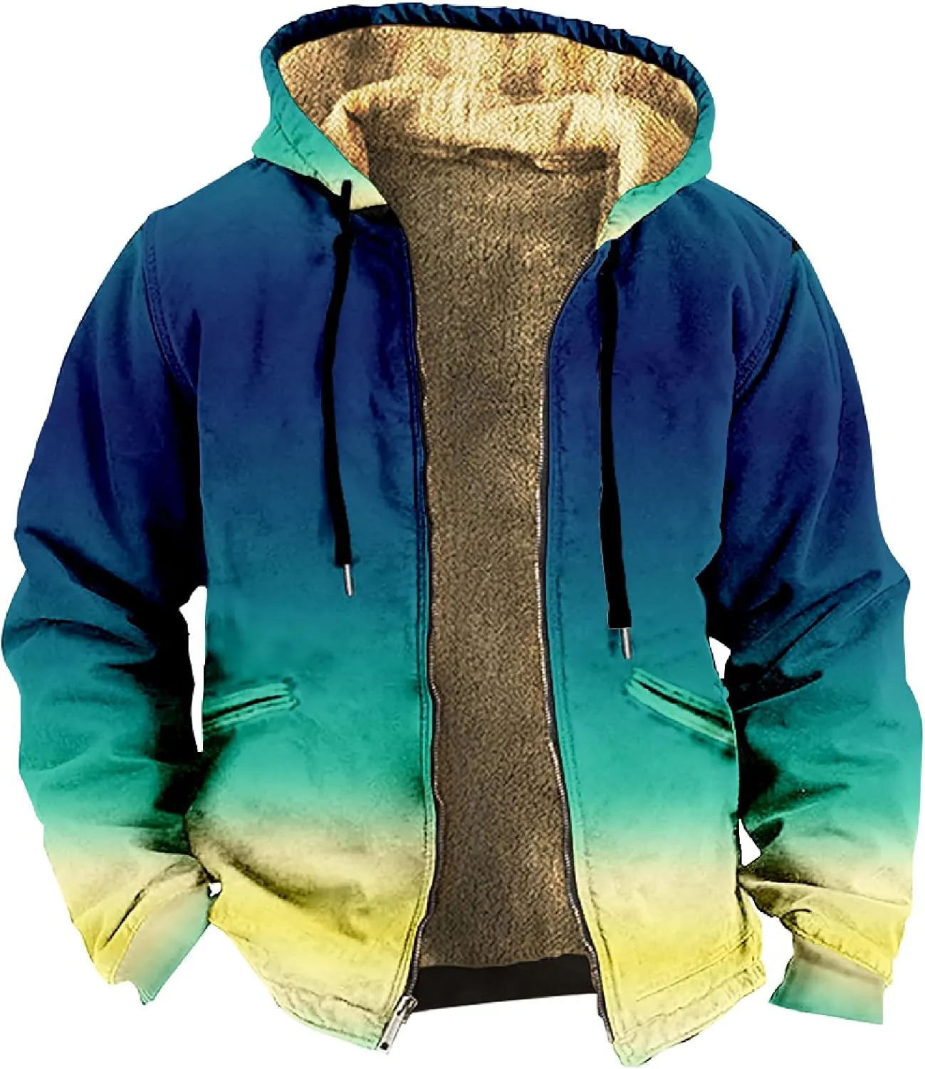 Men Coats Winter Sherpa Fleece Lined Long Sleeve Jackets Vintage Print Zipper Coats Comfy Dressy Hoodies