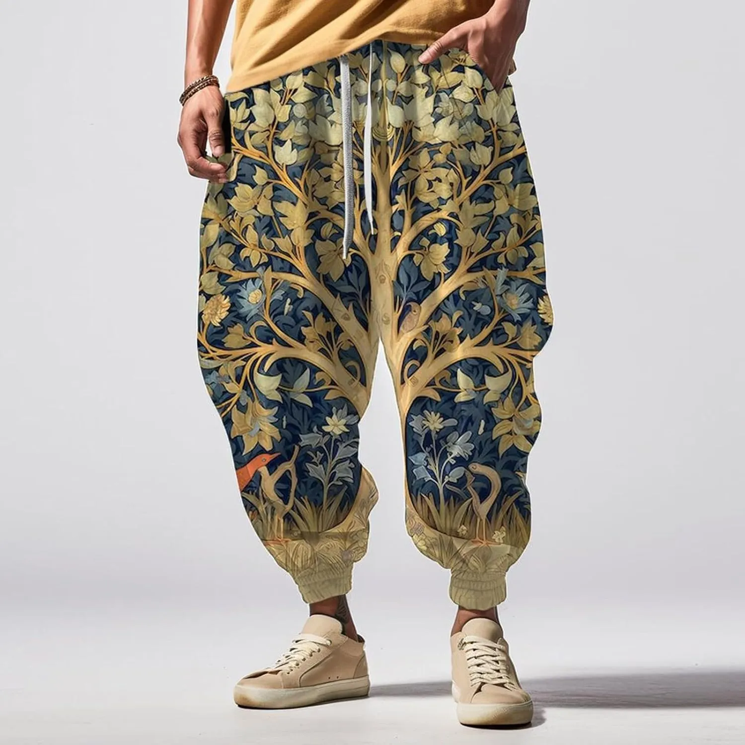 Men Hippie Harem Pants Men's Autumn Fun Print Fashion Street Feel Casual Sweatpants Cotton Drawstring Cargo Pants