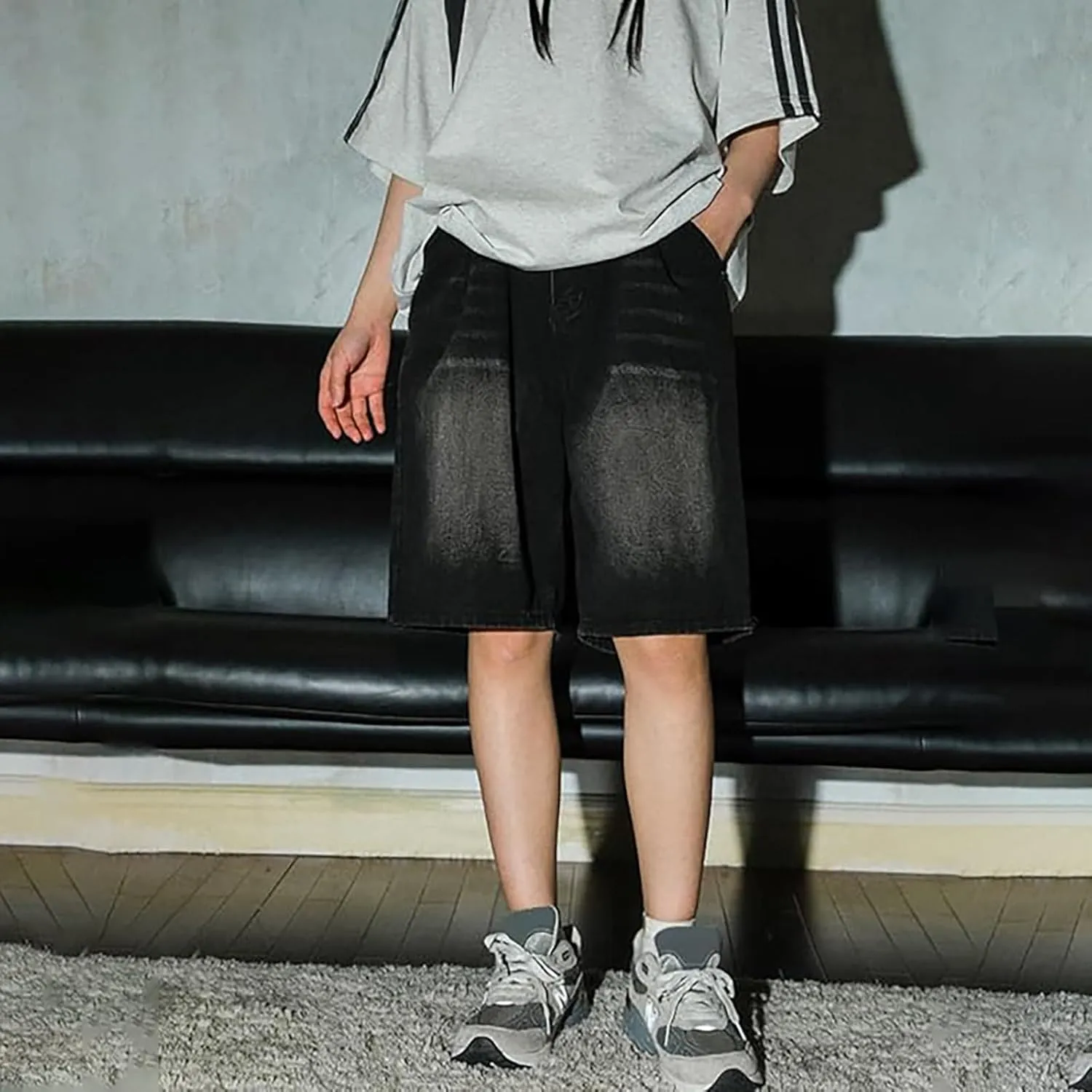 Men Loose Hip Hop Long Jean Shorts Work Denim Shorts with Pockets Skateboard Pants Streetwear Clothes