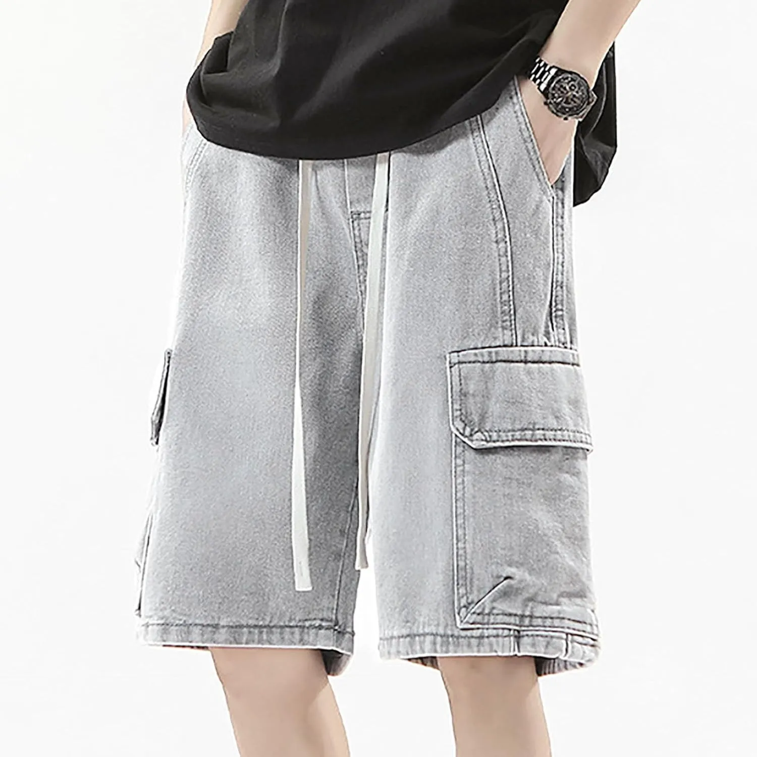 Men Wide Leg Y2K Hip Hop Mid Jean Shorts Work Denim Shorts with Pockets Casual 2025 Trendy Streetwear