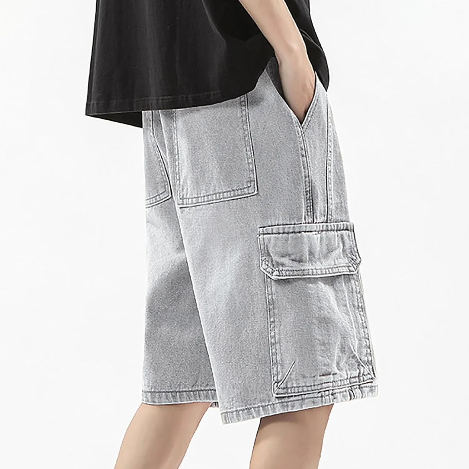 Men Wide Leg Y2K Hip Hop Mid Jean Shorts Work Denim Shorts with Pockets Casual 2025 Trendy Streetwear