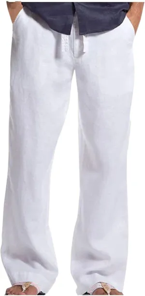 Mens 100% Cotton Drawstring Pants Elastic Waist Lightweight Trousers Casual Breathable Quick Dry Summer Beach Pant