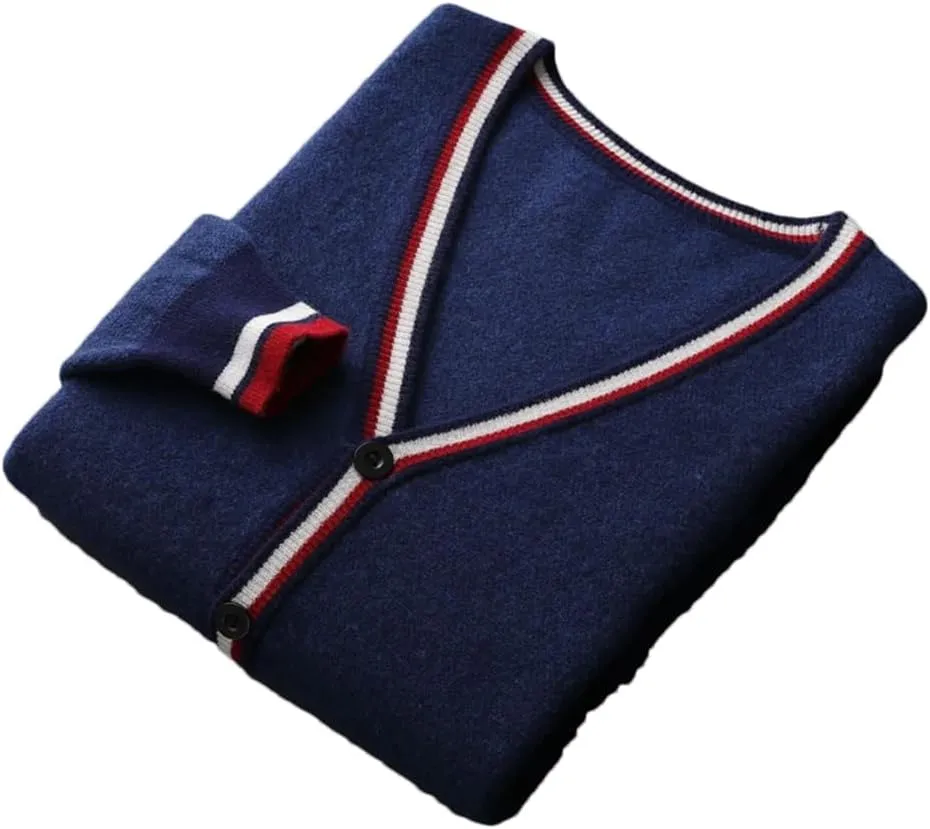 Men's 100% Merino Wool Cardigan Sweater Solid Button Down Sweater Jakcet Retro Splicing Jumper