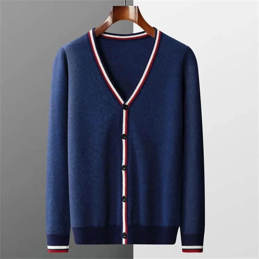 Men's 100% Merino Wool Cardigan Sweater Solid Button Down Sweater Jakcet Retro Splicing Jumper