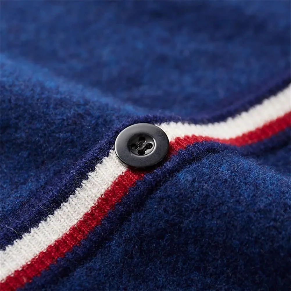 Men's 100% Merino Wool Cardigan Sweater Solid Button Down Sweater Jakcet Retro Splicing Jumper