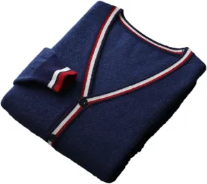 Men's 100% Merino Wool Cardigan Sweater Solid Button Down Sweater Jakcet Retro Splicing Jumper