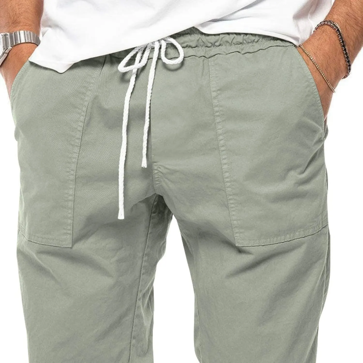 Mens Casual Chino Cargo Pants Loose Drawstring Sweatpants Elastic Waist Cotton Breathable Outdoor Fall Trousers