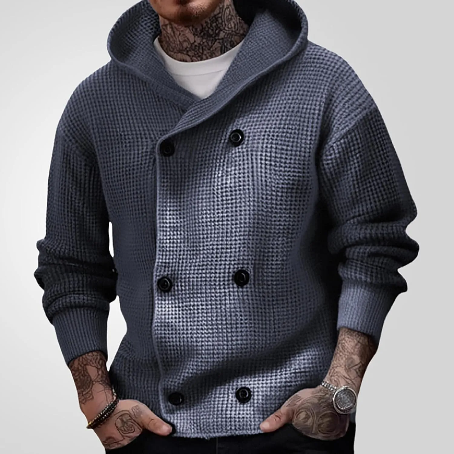 Men's Chunky Knit Hooded Cardigan Sweater Long Sleeve Button Down Casual Sweater Coats