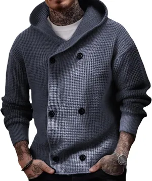 Men's Chunky Knit Hooded Cardigan Sweater Long Sleeve Button Down Casual Sweater Coats