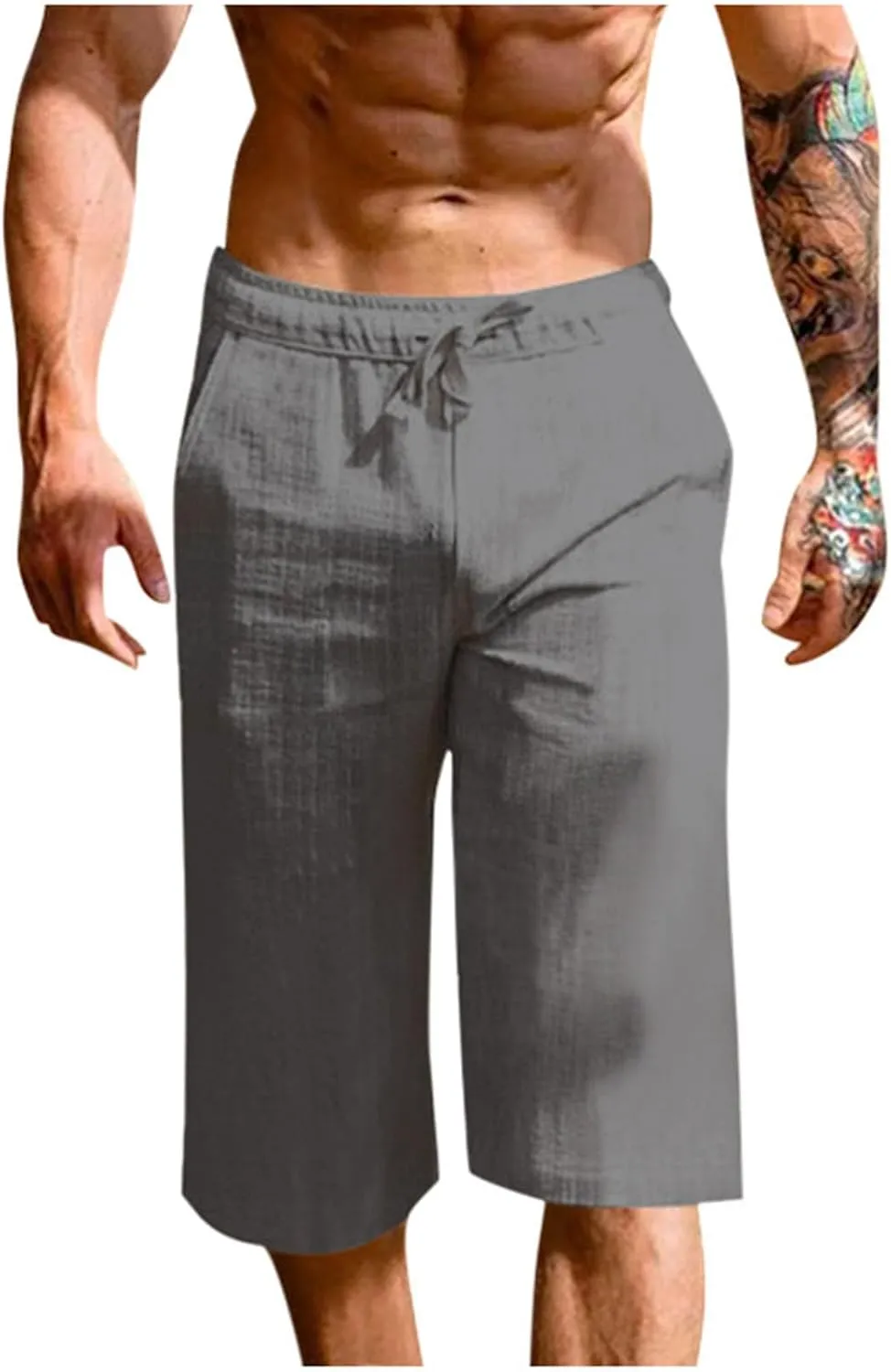 Mens Cotton Linen Capri Pants Relaxed Fit Casual Outdoor Pants with Pockets Breathable Solid Beach Capripants