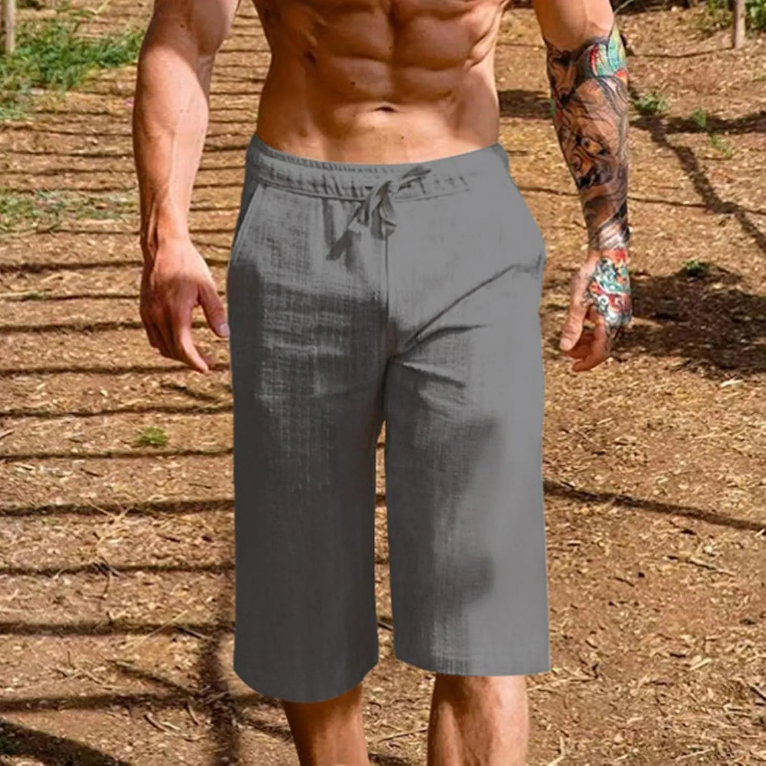 Mens Cotton Linen Capri Pants Relaxed Fit Casual Outdoor Pants with Pockets Breathable Solid Beach Capripants