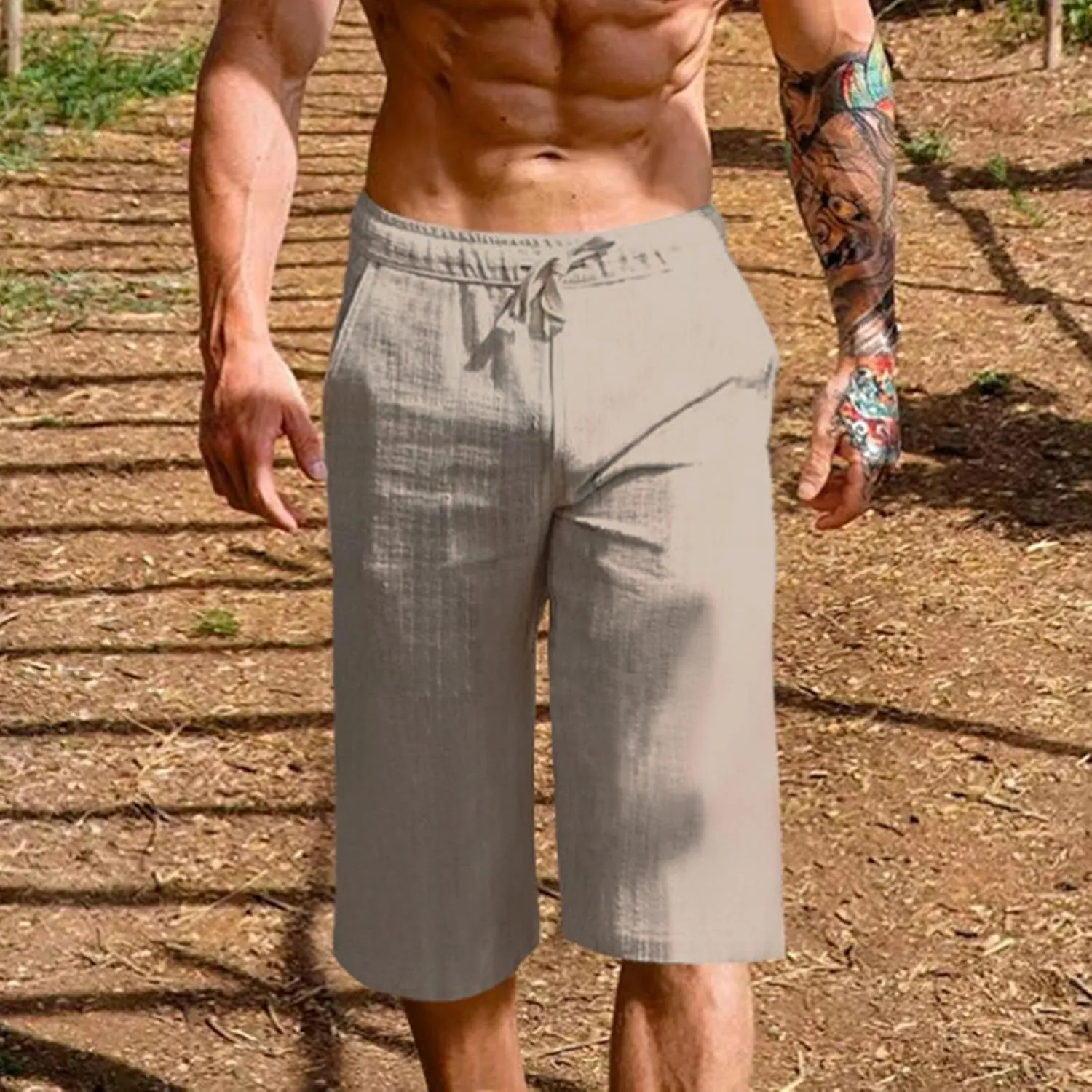 Mens Cotton Linen Capri Pants Relaxed Fit Casual Outdoor Pants with Pockets Breathable Solid Beach Capripants