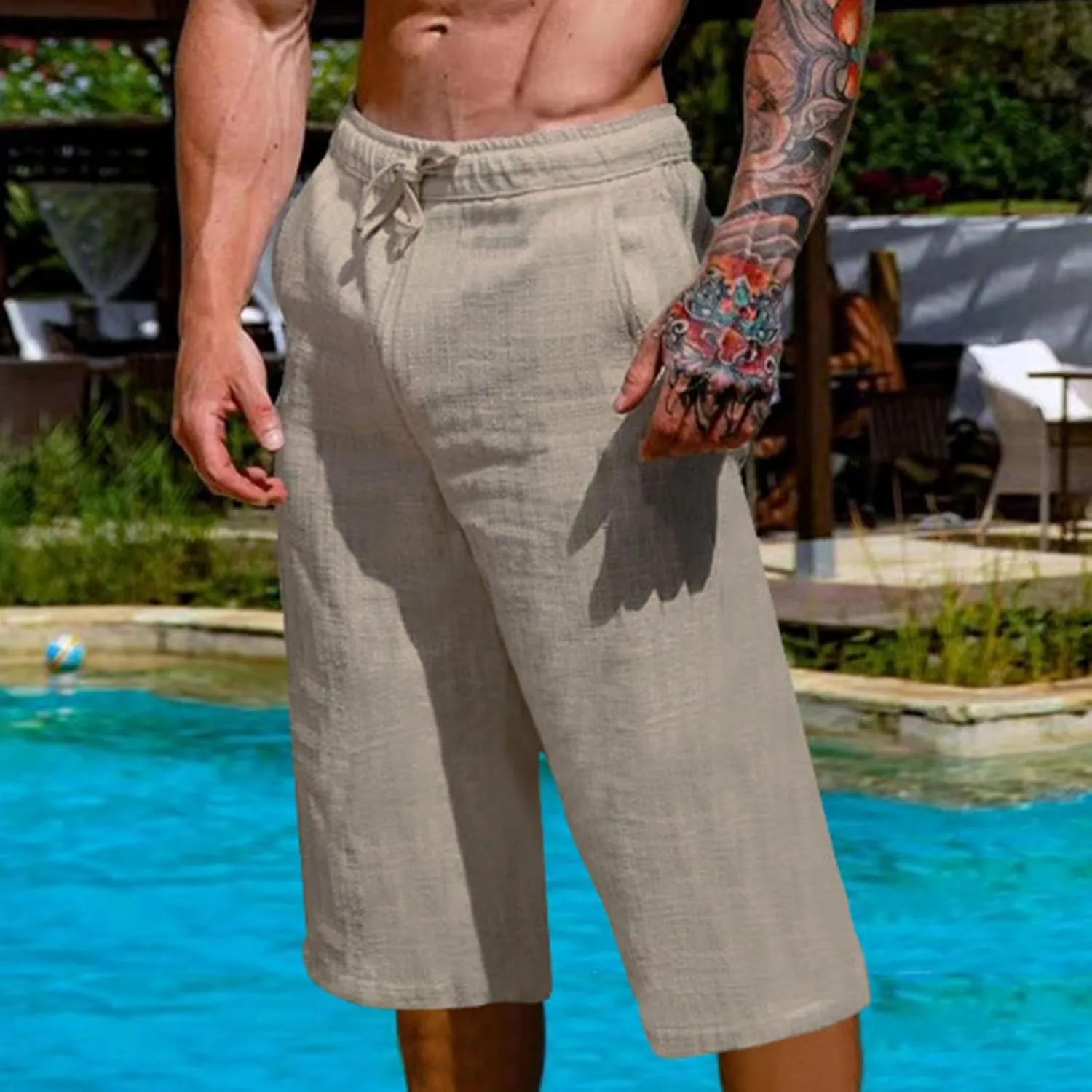 Mens Cotton Linen Capri Pants Relaxed Fit Casual Outdoor Pants with Pockets Breathable Solid Beach Capripants