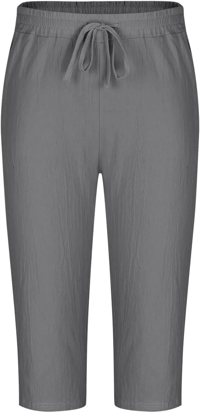 Mens Cotton Linen Capri Pants Relaxed Fit Casual Outdoor Pants with Pockets Breathable Solid Beach Capripants