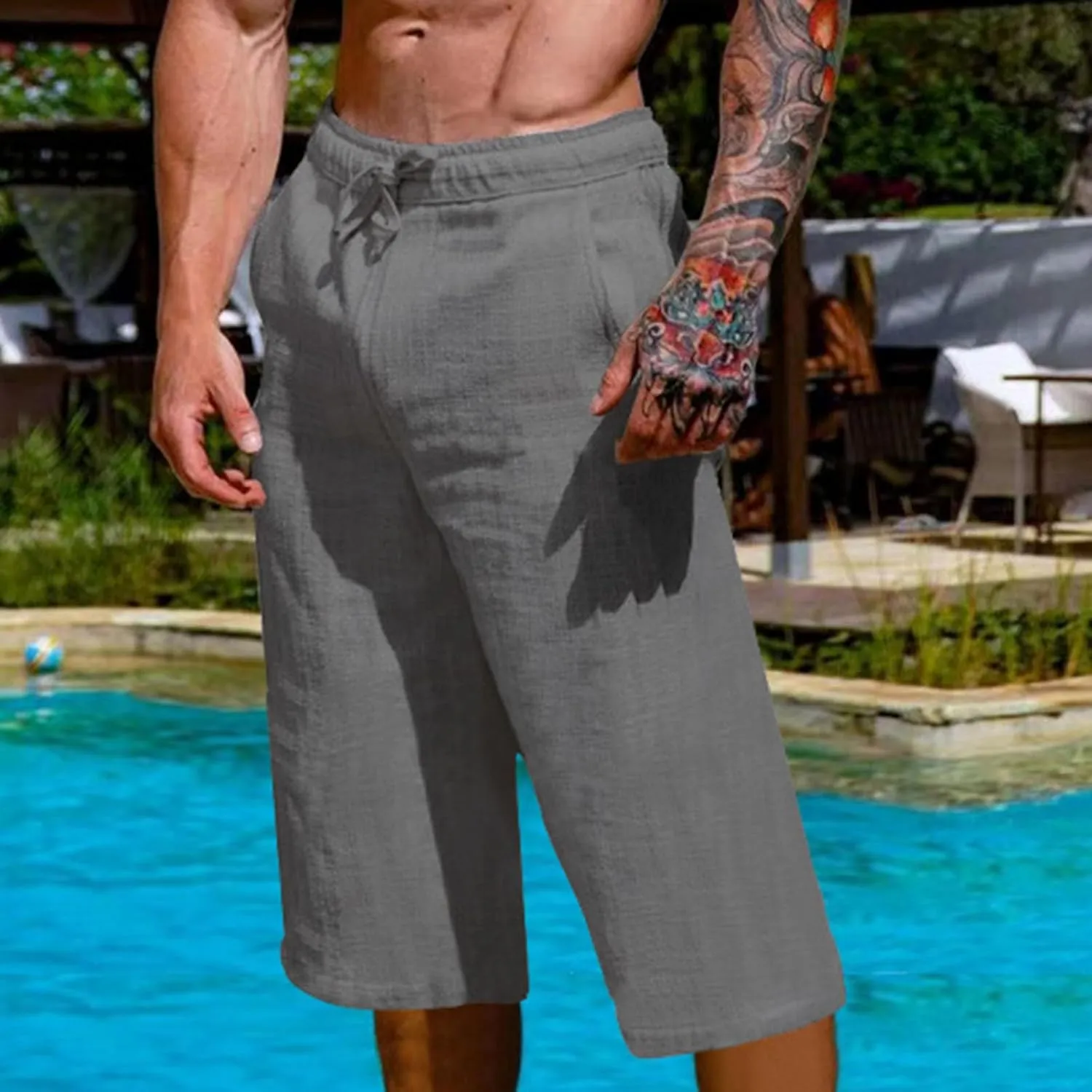 Mens Cotton Linen Capri Pants Relaxed Fit Casual Outdoor Pants with Pockets Breathable Solid Beach Capripants