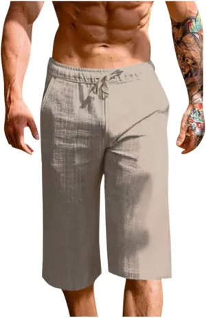 Mens Cotton Linen Capri Pants Relaxed Fit Casual Outdoor Pants with Pockets Breathable Solid Beach Capripants