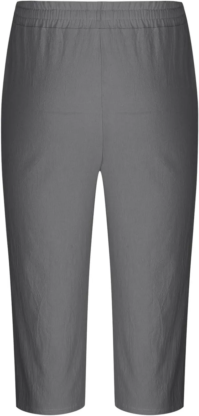 Mens Cotton Linen Capri Pants Relaxed Fit Casual Outdoor Pants with Pockets Breathable Solid Beach Capripants
