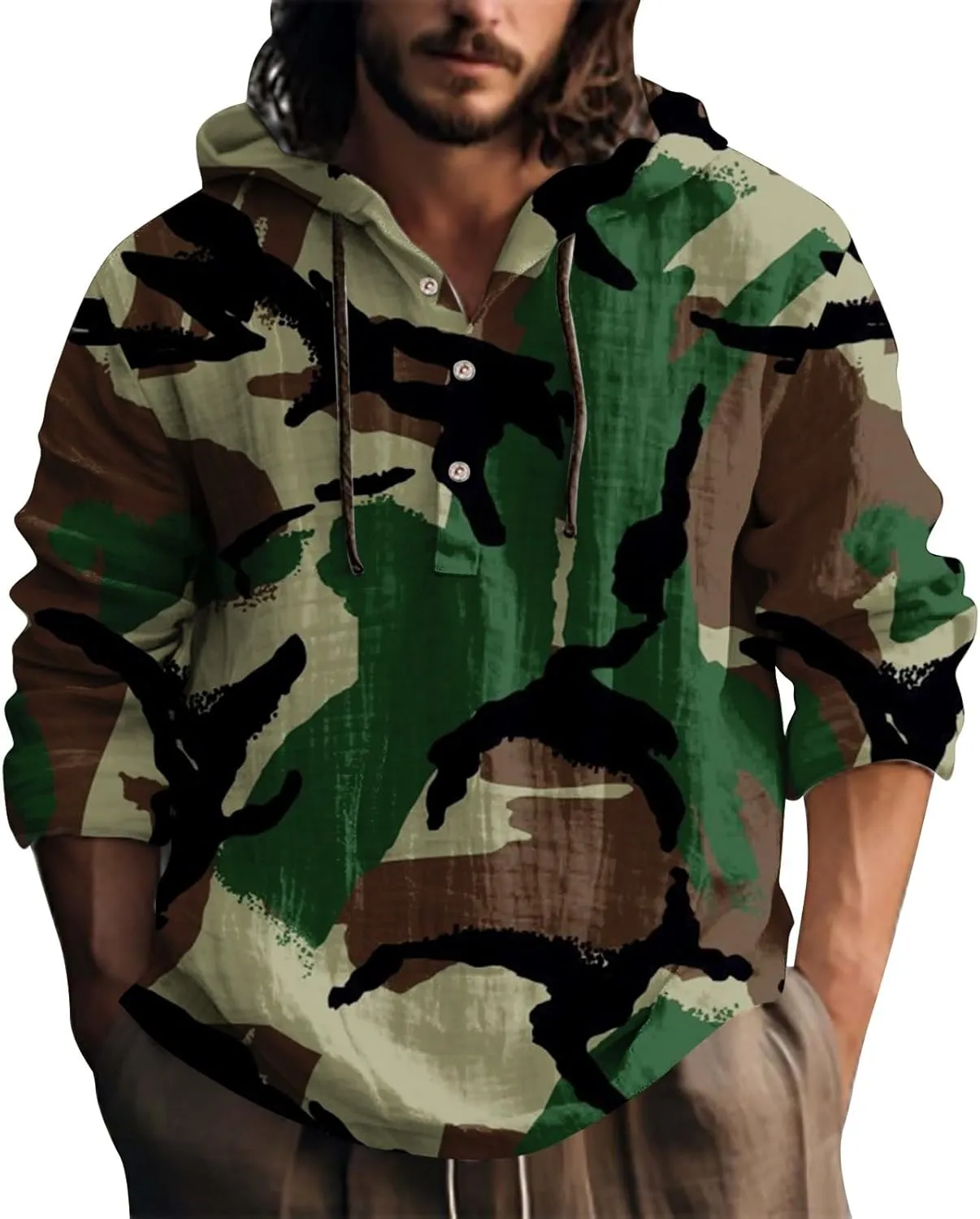 Mens Cotton Linen Drawstring Hoodie Shirts Men's Casual Fashion Hooded Spring And Autumn Linen Long Men