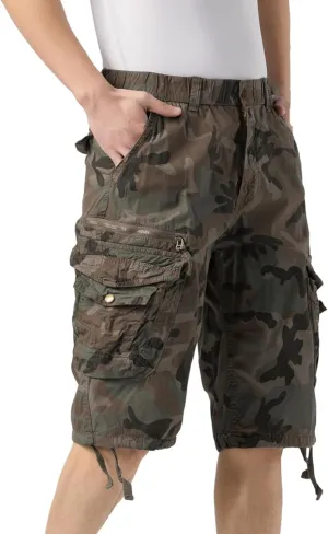 Mens Elastic Waist Cargo Shorts Zipper Pocket Relaxed fit Stretch Lightweight Cotton Camo Cargo Shorts for Men