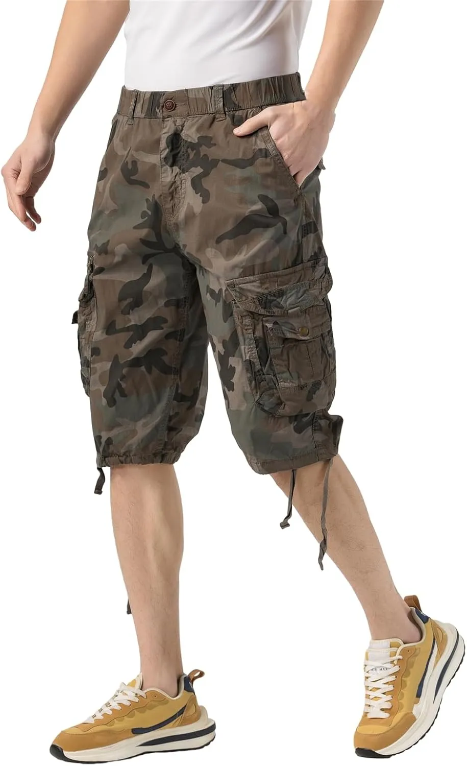 Mens Elastic Waist Cargo Shorts Zipper Pocket Relaxed fit Stretch Lightweight Cotton Camo Cargo Shorts for Men
