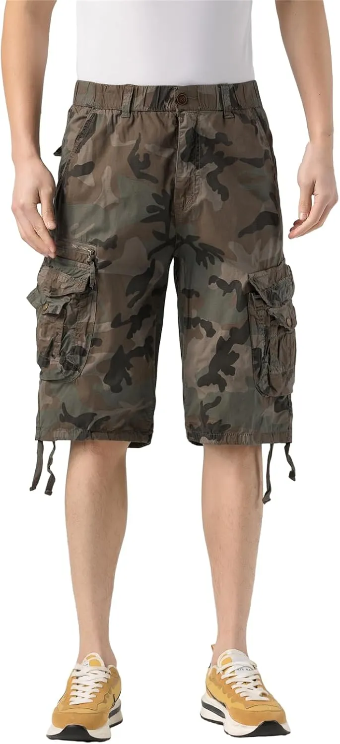 Mens Elastic Waist Cargo Shorts Zipper Pocket Relaxed fit Stretch Lightweight Cotton Camo Cargo Shorts for Men