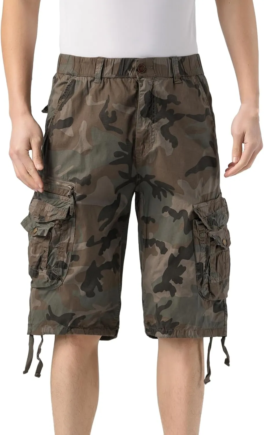 Mens Elastic Waist Cargo Shorts Zipper Pocket Relaxed fit Stretch Lightweight Cotton Camo Cargo Shorts for Men
