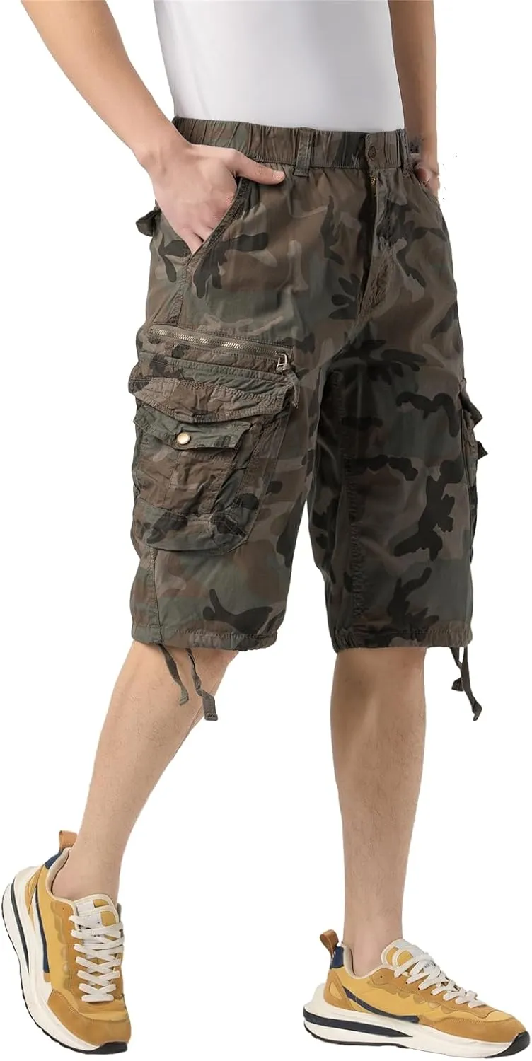 Mens Elastic Waist Cargo Shorts Zipper Pocket Relaxed fit Stretch Lightweight Cotton Camo Cargo Shorts for Men