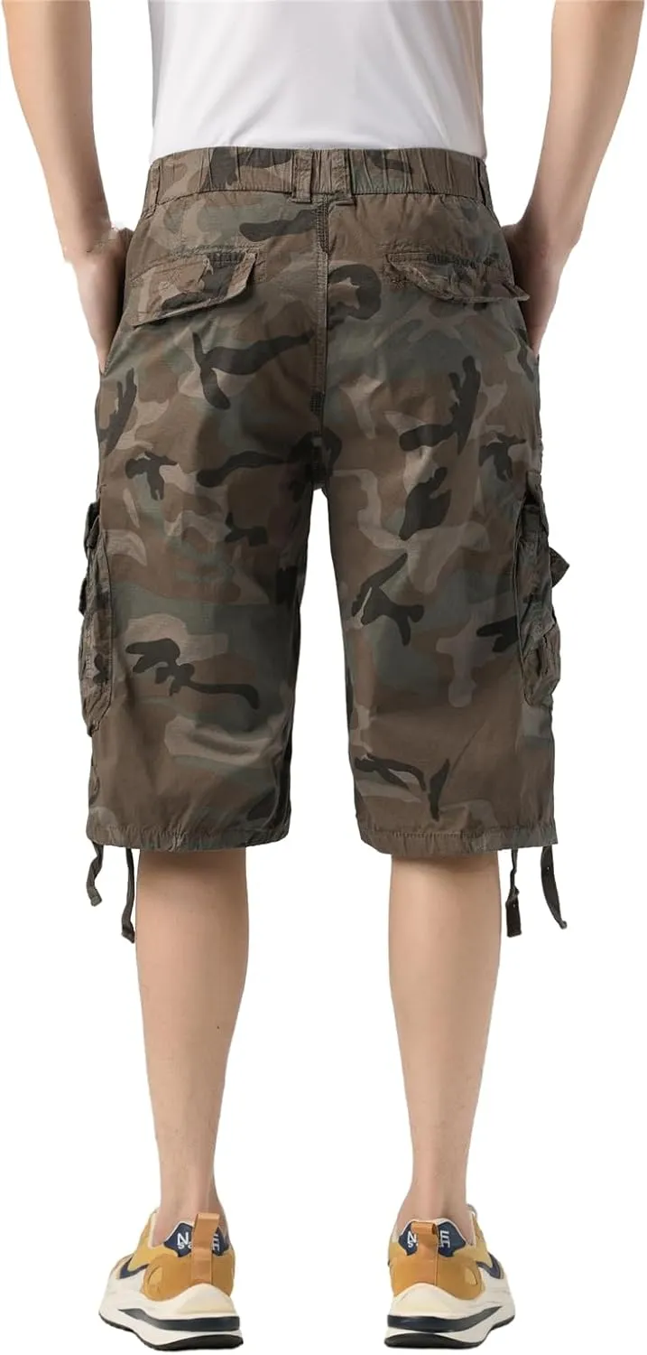 Mens Elastic Waist Cargo Shorts Zipper Pocket Relaxed fit Stretch Lightweight Cotton Camo Cargo Shorts for Men