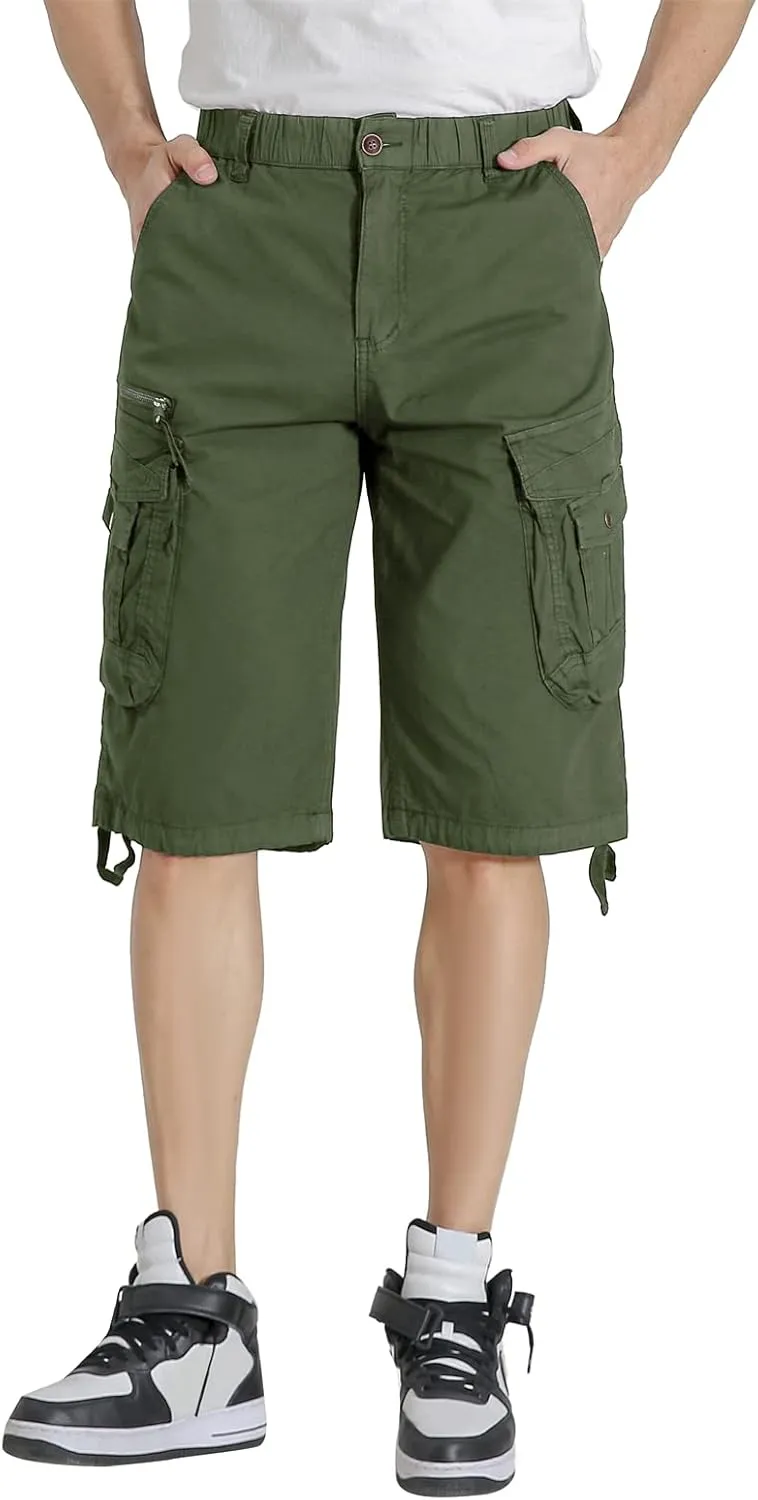 Mens Elastic Waist Cargo Shorts Zipper Pocket Relaxed fit Stretch Lightweight Cotton Camo Cargo Shorts for Men