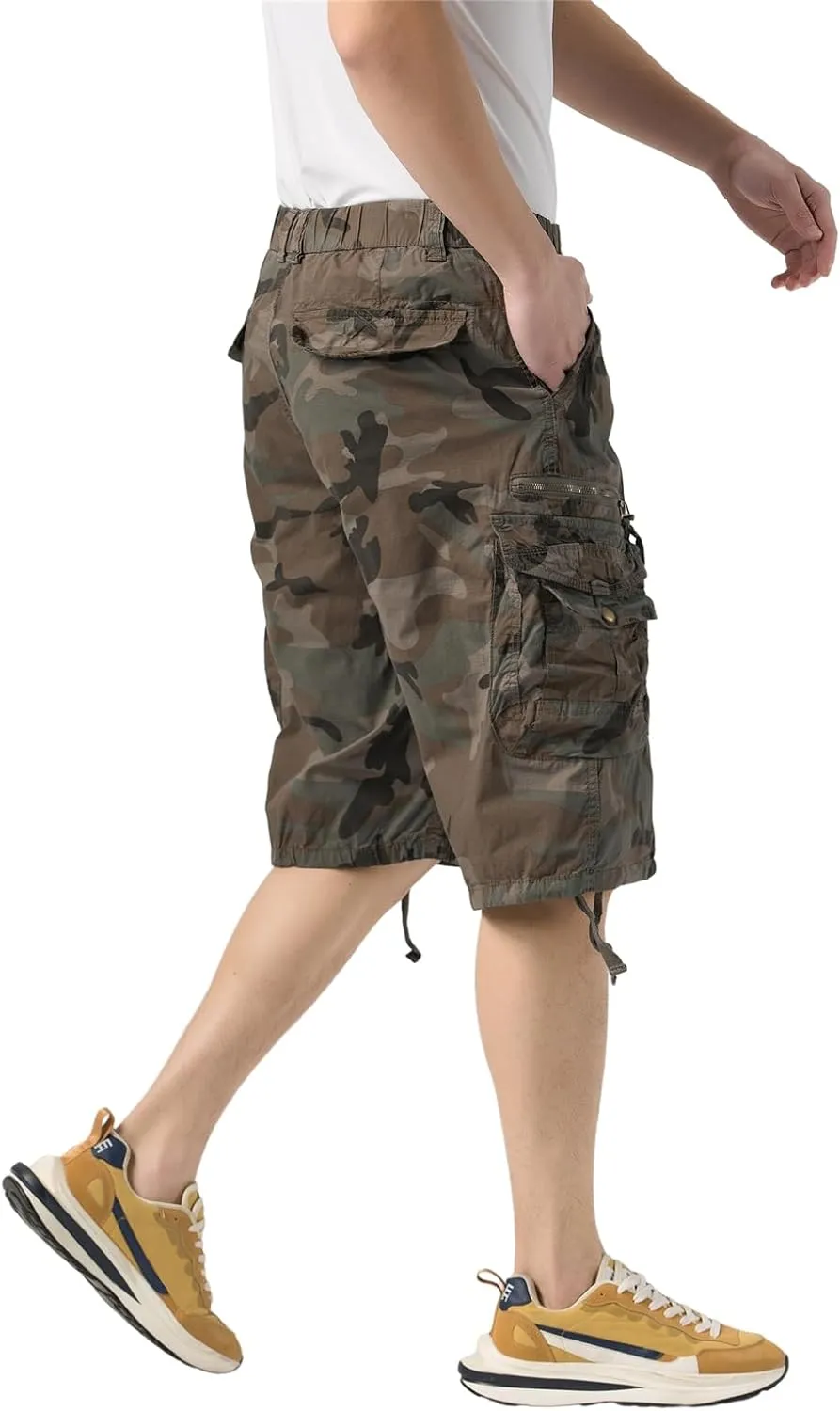 Mens Elastic Waist Cargo Shorts Zipper Pocket Relaxed fit Stretch Lightweight Cotton Camo Cargo Shorts for Men