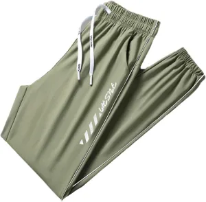 Men's Iced Active Pants Letter Printed Breathable Ultra Stretch Ice Silk Pants Cinch Bottom Quick Dry Travel Trousers